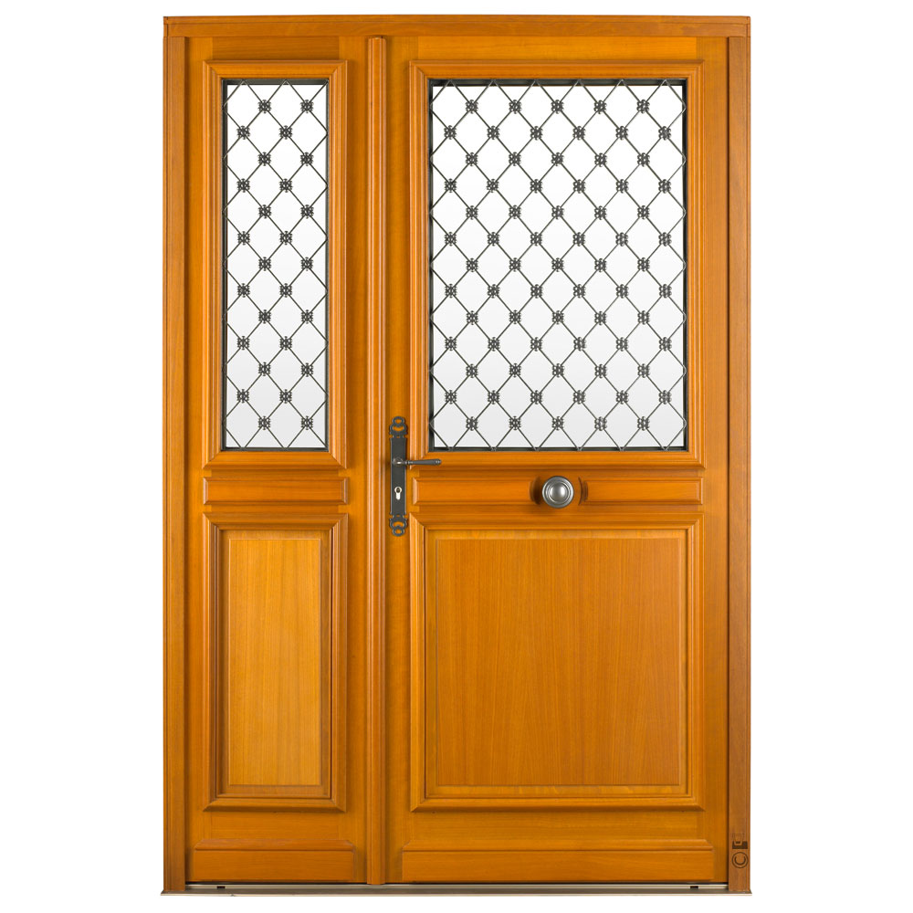 Porte d'entrée Bois Pasquet Thibaudière porte à grilles semi fixe chêne moabi extérieur