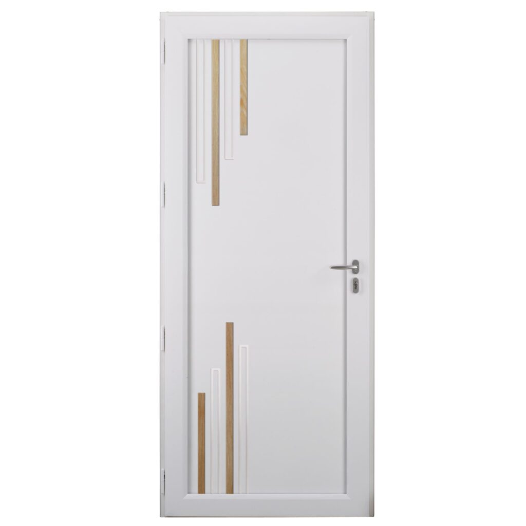 Porte d'entrée aluminium - Coriolis - Blanc RAL 9016 - Insert effet bois chene clair - Vue intérieure