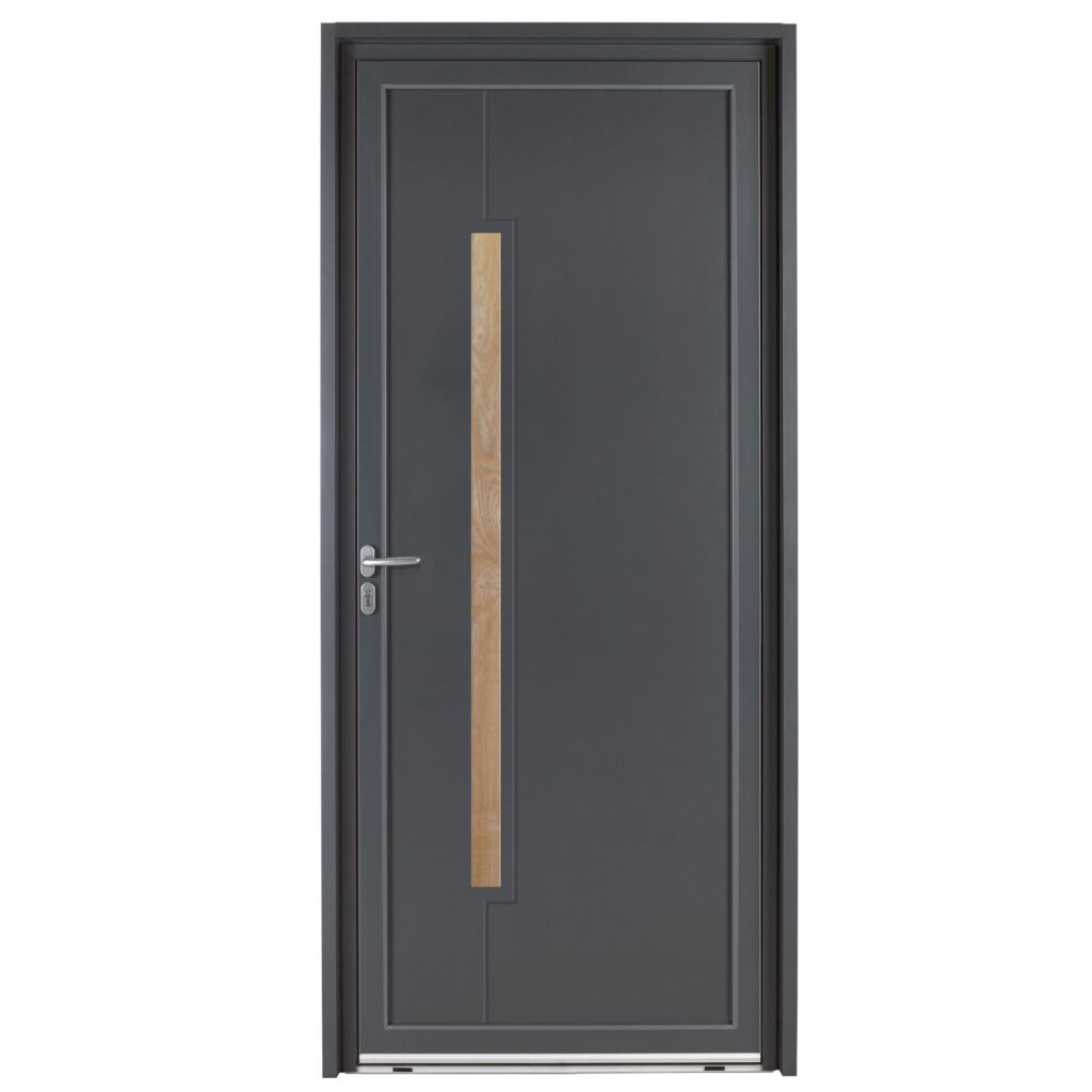 Porte d'entrée aluminium - Estival - Gris RAL 7016 - Insert effet bois chene clair