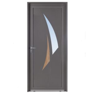 Porte d'entrée aluminium - Lune - Gris RAL 7016 - Insert effet bois chene clair