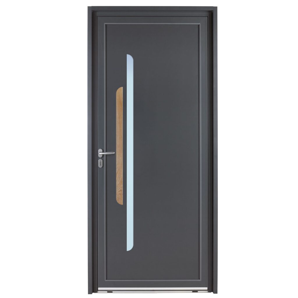 Porte d'entrée aluminium - Orage - Gris RAL 7016 - Insert effet bois chene clair