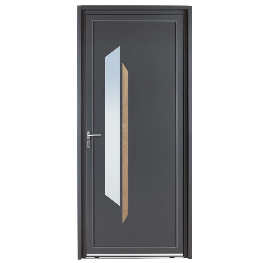 Porte d'entrée aluminium - Reflet - Gris RAL 7016 - Insert effet bois chene clair