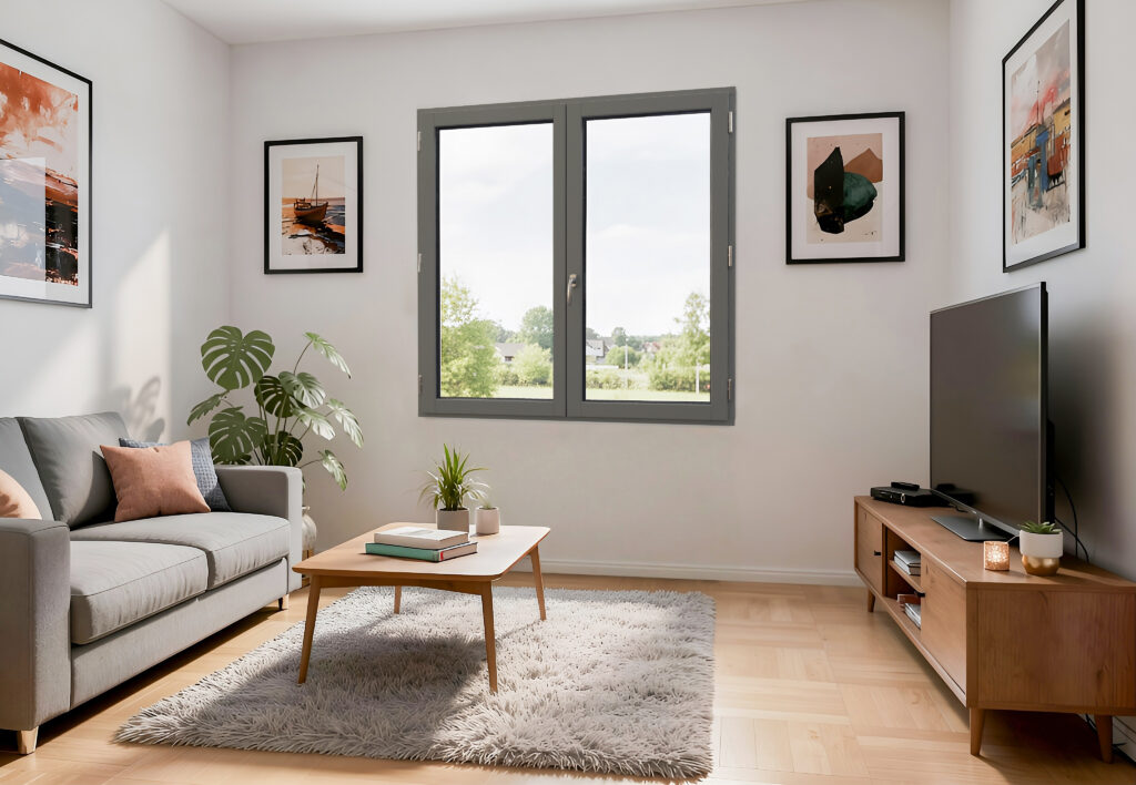 Fenetre en bois peint gris 7022 salon