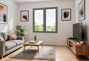 Fenetre en bois peint gris 7022 salon