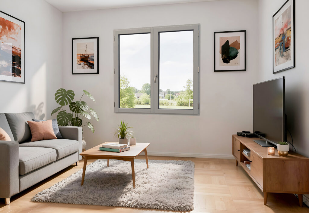 Fenetre en bois peint gris 7037 salon